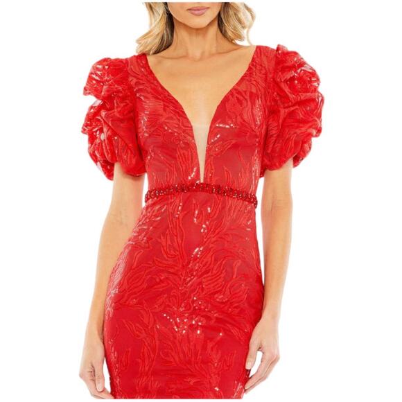 Mac Duggal NWOT Embellished Puff Sleeve Plunge Neck Trumpet Gown Size 10 Red - Picture 2 of 9